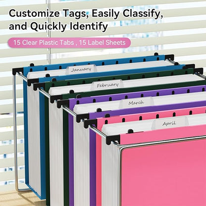 ANSOOK Plastic Hanging File Folders Letter Size, 3 Inch Reinforce Expanding File Folder,12 Pack File Cabinet Folders with 15 Insertable Tabs,Heavy Duty Accordion File Organizer for Office Home School