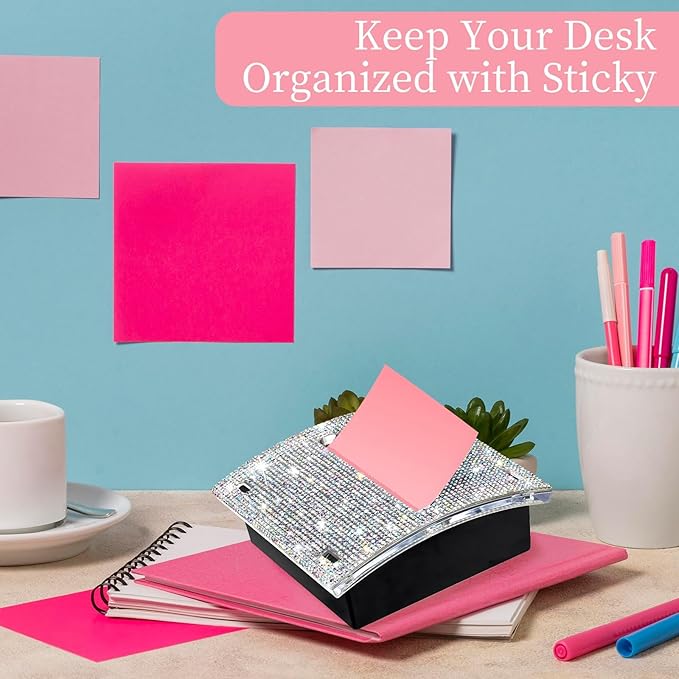 Rhinestone Self Sticky Note Holder Post it Note Dispenser Pop-Up Sticky Notes Dispenser 4 x 4 Inches Post it Dispenser for Desk Office Stationery (AB Bling)