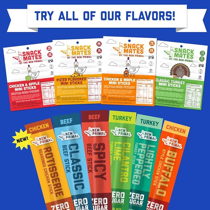 New Primal Meat Sticks Sampler, Grass-Fed Beef, All Natural Chicken, Keto & Gluten Free Healthy Snacks for Adults, Sugar Free Low Carb High Protein Snack, Jerky Gift Box, Variety Pack, 10 Count