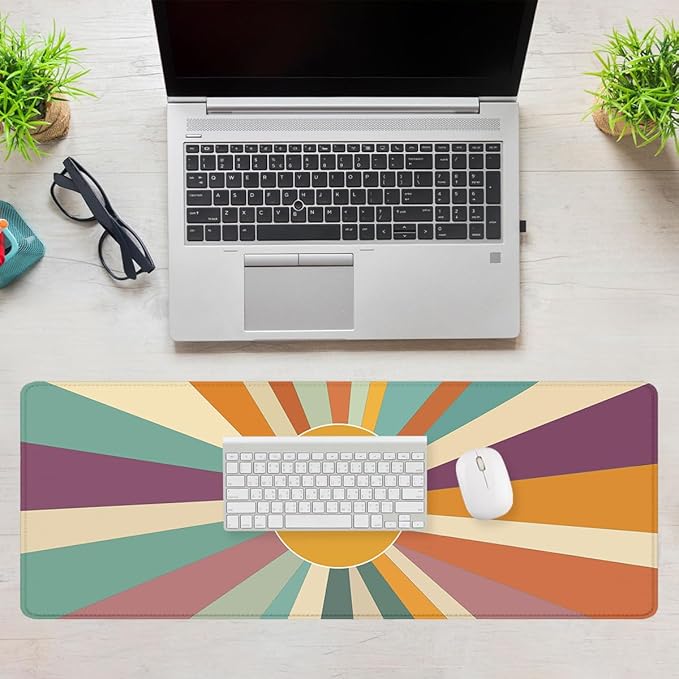 Boho Desk Pad Mouse Pad Colorful Mid Retro Sunburst Aesthetic XL Mouse Pad Large Mousepad Extended Laptop Keyboard Mat Gaming Desk Pad Mouse Mat 31.5"x11.8"