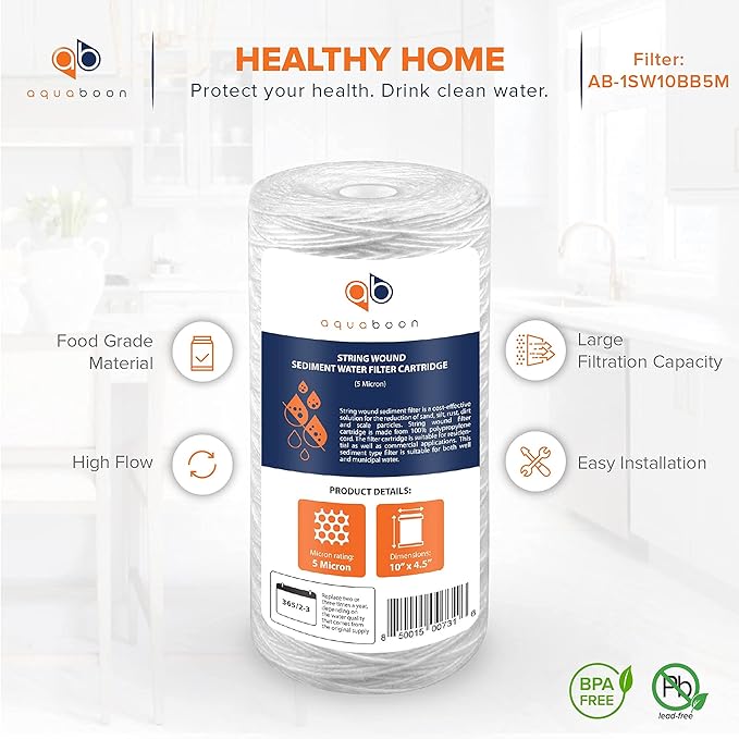 Aquaboon 5 Micron Water Filter 10 x 4.5 inch - String Wound Water Filter for Whole House System - Compatible with 84637, WPX5BB97P, PC10, 355214-45, 355215-45, WP10BB97P, WP5BB97P (6 Pack)