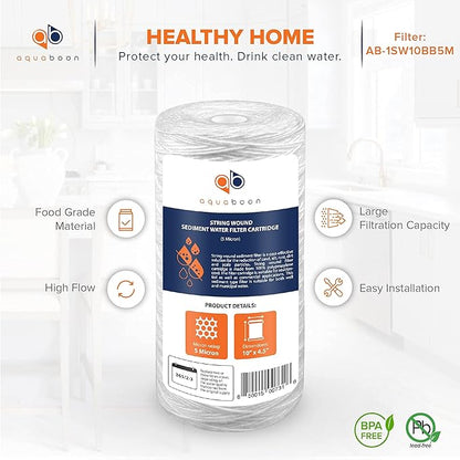 Aquaboon 5 Micron Water Filter 10 x 4.5 inch - String Wound Water Filter for Whole House System - Compatible with 84637, WPX5BB97P, PC10, 355214-45, 355215-45, WP10BB97P, WP5BB97P (6 Pack)