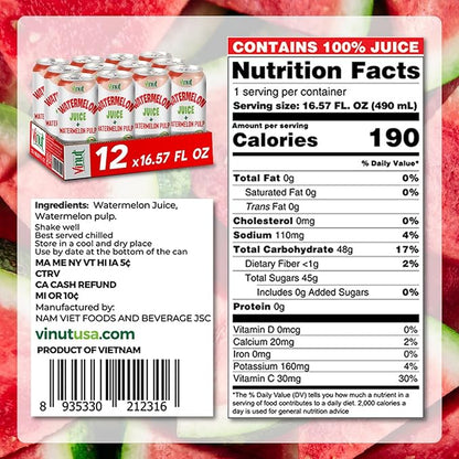 Vinut Natural Watermelon Juice Drink with Pulp, (16.57 fl oz, Pack of 12) Real Watermelon Juice, No Sugar Added, Gluten Free, GMO-Free
