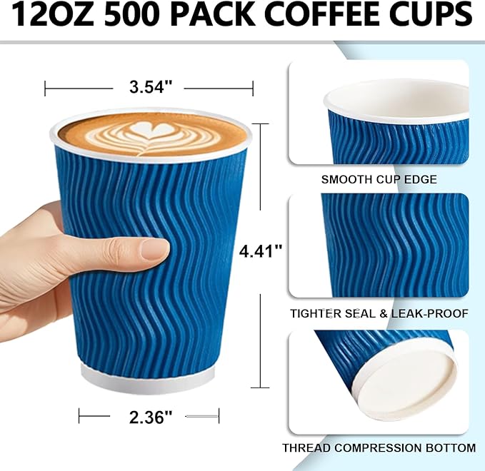500 Pack 12oz Disposable Coffee Cups,Insulated Ripple Wall Paper Coffee Cups Bulk 12ounce,Hot & Cold Beverage Cup for Party,Home,Office,Cafe,Travel(Navy)