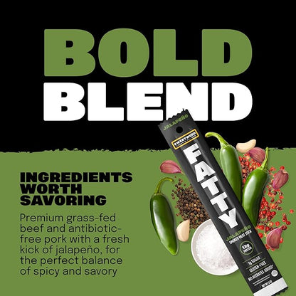 FATTY Meat Sticks, Made with Grass Fed Beef, Pork Raised Without Antibiotics, 13g Protein Per Serving, Jalapeno, Stocking Stuffer, 2 oz. (Pack of 20)