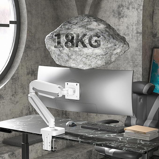 White 45 Premium Aluminum Heavy Duty Monitor Arm, Fits Ultrawide up to 49 inches and 44 lbs Single Desk Mount Stand, Pneumatic Height Adjustable, Max VESA 100x100, A9W