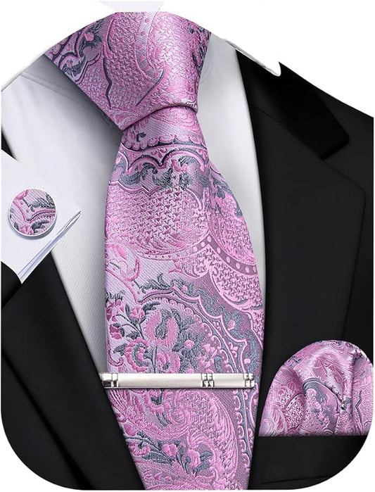 DiBanGu Mens Extra Long Tie 70inches Necktie and Pocktie Square Cufflinks Silk Ties for Tall Men with Tie Clip Wedding Party