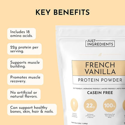 JUST INGREDIENTS French Vanilla Protein Powder – 30 Serving Bag – Grass-Fed Whey & Plant Protein Blend with Real Vanilla Bean – Sweetened with Coconut Sugar & Monk Fruit, Non-GMO, Gluten-Free