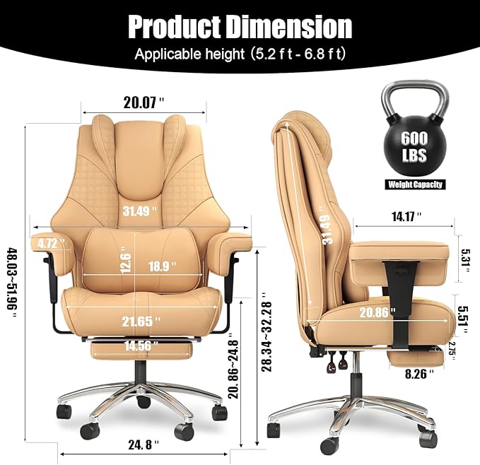 600lbs Big and Tall Office Chair - Wide Ergonomic Leather Executive Chair with Footrest, Lumbar Support & Swivel Wheels (Brown)
