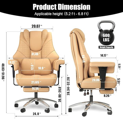 600lbs Big and Tall Office Chair - Wide Ergonomic Leather Executive Chair with Footrest, Lumbar Support & Swivel Wheels (Brown)