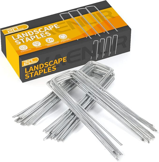 WAENLIR 6 inch 20 Pack Landscape Staples Galvanized Garden Stakes, Heavy Duty Ground Stakes Sod Pins for Securing Weed Fabric Barrier,Plant Cover, Artificial Turf,Dog Fence