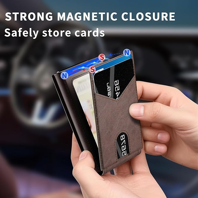 Wallet for Men Slim RFID Blocking-Metal Smart Pop-Up Credit Card Holder with 2 ID Windows, Holds 8-10 Cards,Bifold Minimalist Front Pocket Wallet & Money Clip,Men's accessories (Coffee)