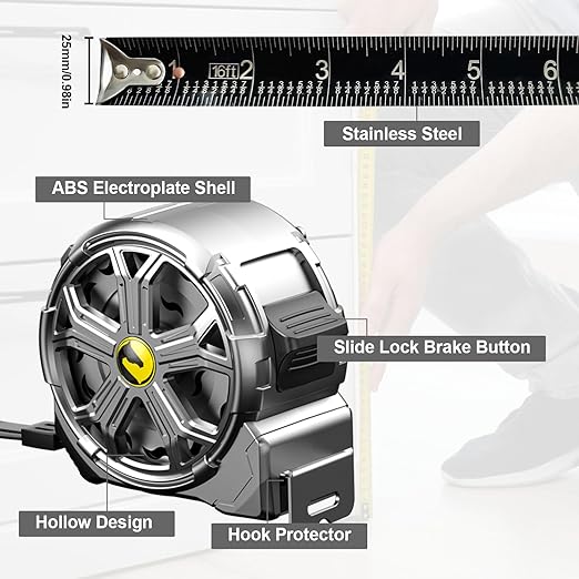 16ft Tape Measure, Stainless Steel Retractable Tape Measure, Waterproof & Rustproof Steel Measuring Tape with Hollow Design for Renovation, Construction, Carpentry (16')