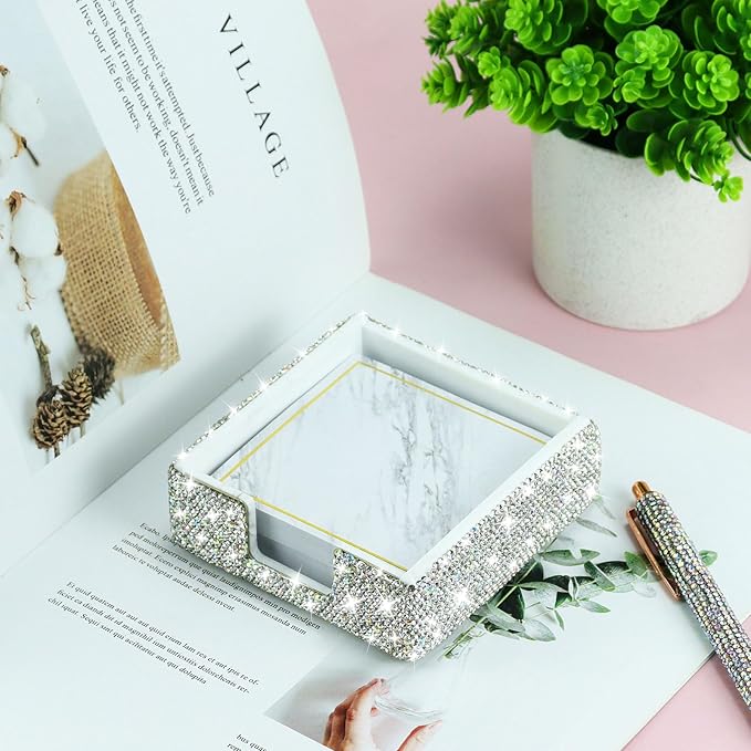 MultiBey Bling Crystal Sticky Notes Holder 4x4 inches Memo Pad Holder Post it Note Dispenser Desk Supplies Organizer Accessories for Office Home Schools Supplies (Sliver ﻿