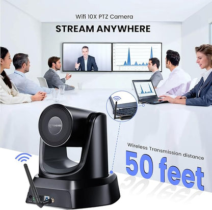 TONGVEO Wireless Conference Room Webcam, Church Live Streaming 10X USB 1080P 60fps PTZ Camera for Worship Services Online Conference, Works with Zoom, Skype OBS
