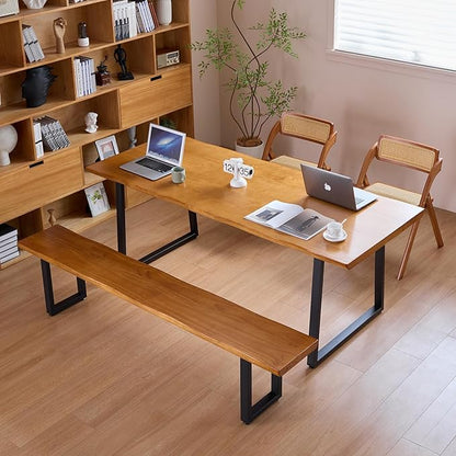 "Durable Solid Wood Top Bench with Sturdy Metal Legs – Versatile Dining & Office Seating " (dark yellowbench, 78.74in)