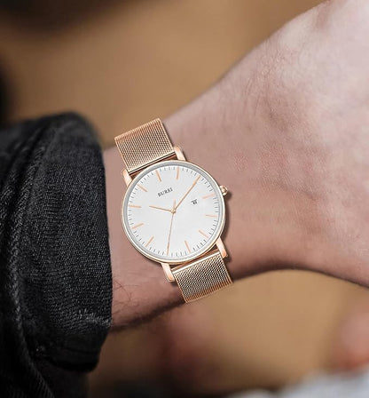 BUREI Men Watches Brown Leather Fashion Minimalist Wrist Watch Simple Ultra Thin Waterproof Quartz Watches All Black Stainless Steel Mesh Band,Gift for Men Women