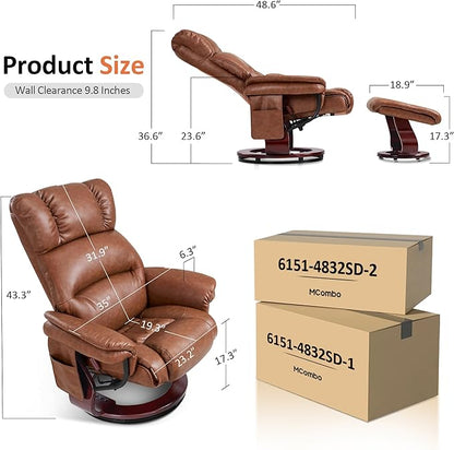 MCombo Swivel Recliners with Ottoman, Reclining TV Chairs with Vibration Massage, Faux Leather Ergonomic Lounge Chair for Living Room Bedroom 4832 (Saddle)