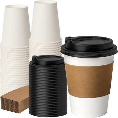 12 oz 50 Pack Coffee Cups with Lids and Sleeves, Hot Paper Coffee Cups with Lids, Disposable To Go Cup with Lid for Coffee, Tea, Hot Chocolate, Ideal for Cafes, Offices and Travel