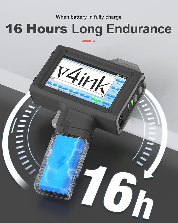 v4ink BT-HH6205BL Handheld Inkjet Printer with Photoelectric Sensor, Variable Data Printing, 16H Runtime, 0.5in Print Height, Print Text Number Barcode QR-Code Image on Any Surfaces