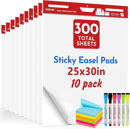 Thickened Sticky Easel Pad, 25 x 30 Inches Large Chart Paper for Teachers, 10 Pads Self Stick Easel Paper for White Board, White Sticky Anchor Chart Paper, with Sticky Note, 300 Sheets/10 Pads