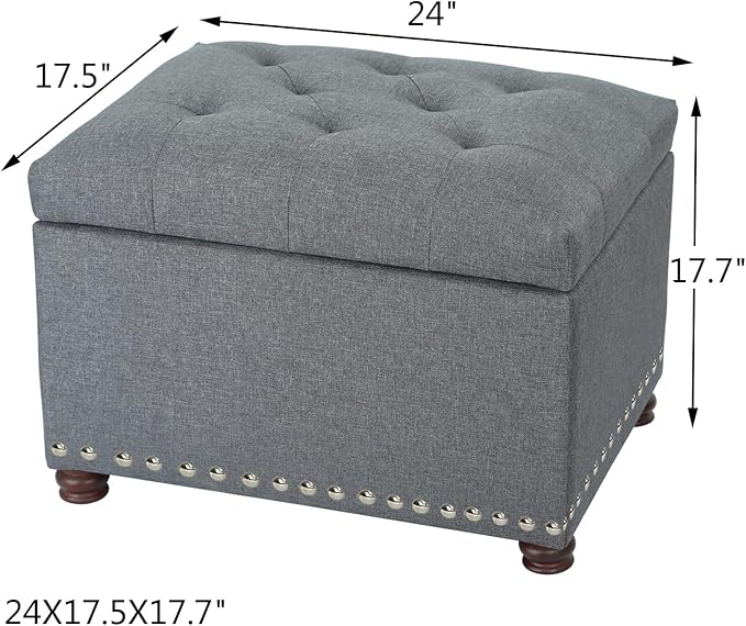 Adeco Classy Linen Blend Fabric Accents Rectangular Storage Bench Ottoman Footstool, Footrest Side Living Room Bedroom Coffee Table, 24x17.5x18, Grey