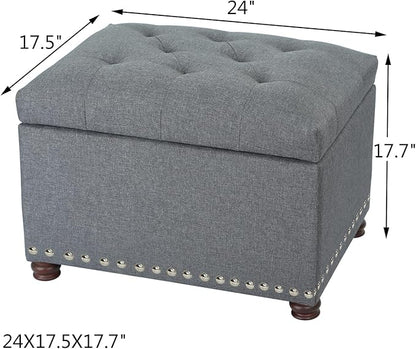 Adeco Classy Linen Blend Fabric Accents Rectangular Storage Bench Ottoman Footstool, Footrest Side Living Room Bedroom Coffee Table, 24x17.5x18, Grey