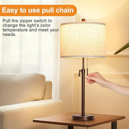 Table Lamps for Bedrooms Set of 2: 22" to 30" Height Adjustable Nightstand Lamps with White Linen Shade | Pull Chain Switch | Marble Base - 3 Way Dimmable Beside Lamp (Brown)