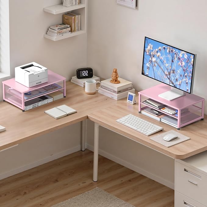 Desk Organizers and Accessories, 2-Tier Metal Computer Monitor Stand Riser, Desk Organizer for Monitor, Printer & Laptop Stand, Desktop Workspace Organizers for Office Supplies(Pink)