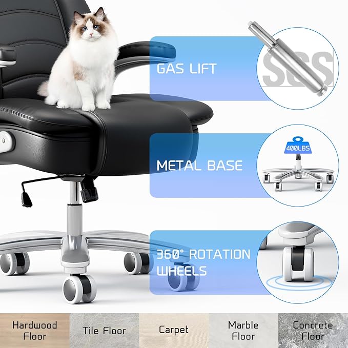 GYI Big and Tall Office Chair 400lb Wide Seat, Ergonomic High Back Leather Executive Desk Chair with Flip-up Arms, Black