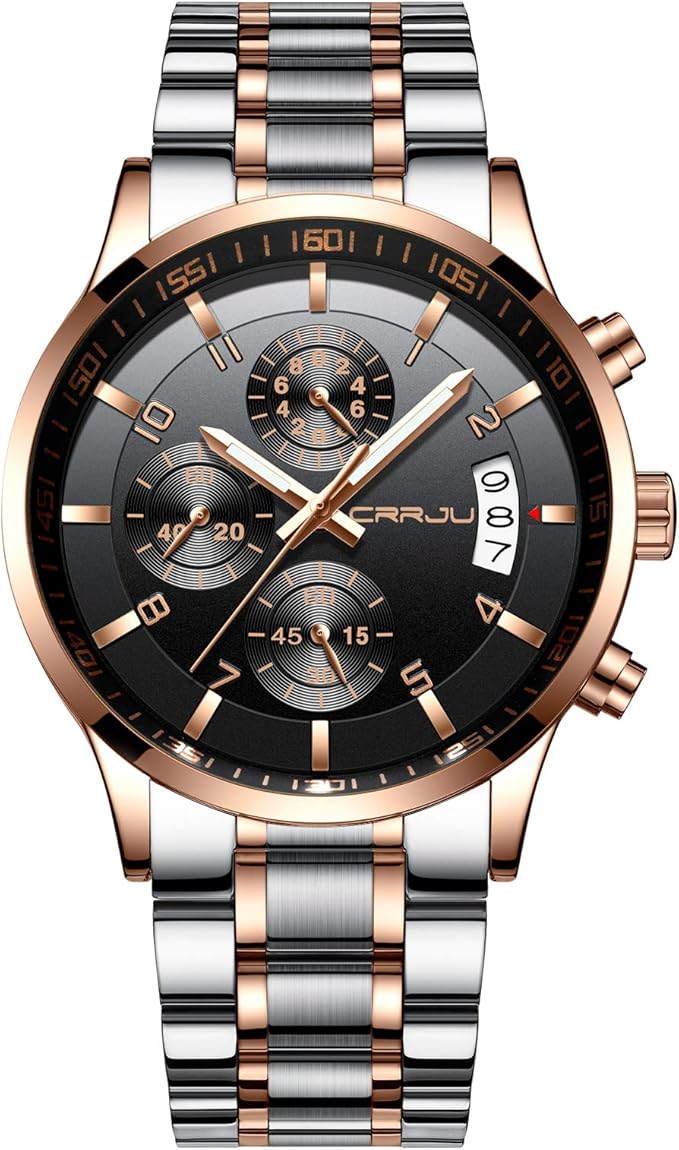 CRRJU Men's Fashion Stainless Steel Watches Date Waterproof Chronograph Wristwatches,Black Steel Band Waterproof Quartz Watch for Men