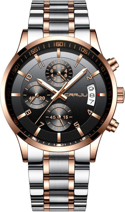 CRRJU Men's Fashion Stainless Steel Watches Date Waterproof Chronograph Wristwatches,Black Steel Band Waterproof Quartz Watch for Men