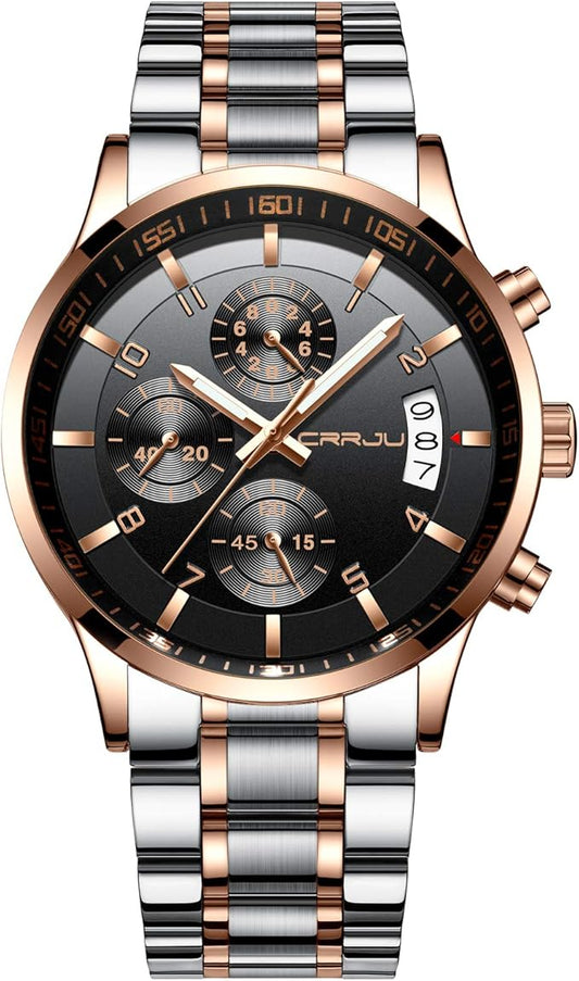CRRJU Men's Fashion Stainless Steel Watches Date Waterproof Chronograph Wristwatches,Black Steel Band Waterproof Quartz Watch for Men