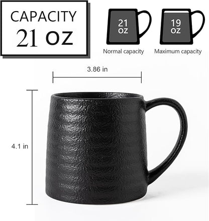 Ceramic Coffee mugs, 21 oz, Extra Large Mugs, Big Tea Cups, Large Handle, Pottery Mugs, Big Belly, Transmutation Glaze，Wide Bottom, stripe pattern, Microwave and Dishwasher Safe. (Black)