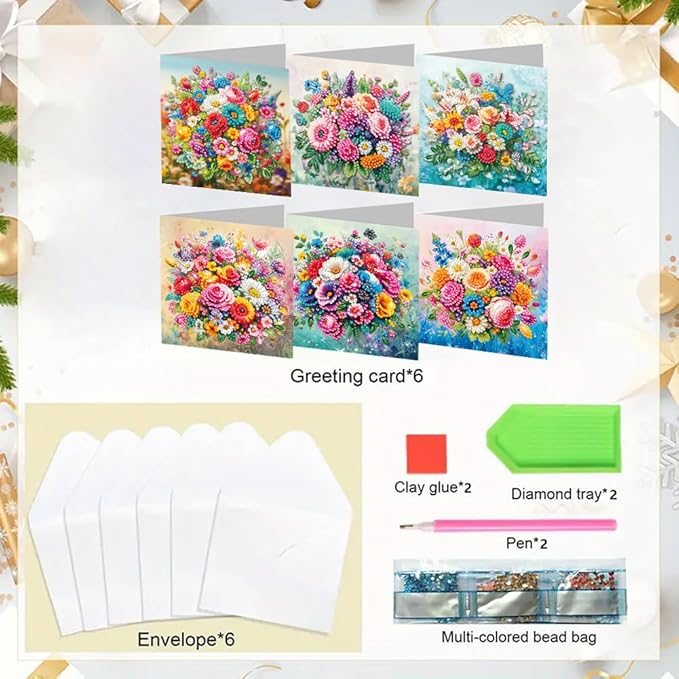 6pcs DIY Flowers Diamond Art Painting Greeting Cards Kit, Rhinestone Art Holiday Birthday Card Set with Envelopes, DIY Festival Craft for Girlfriend, Christmas Valentine Gift Making Supplies