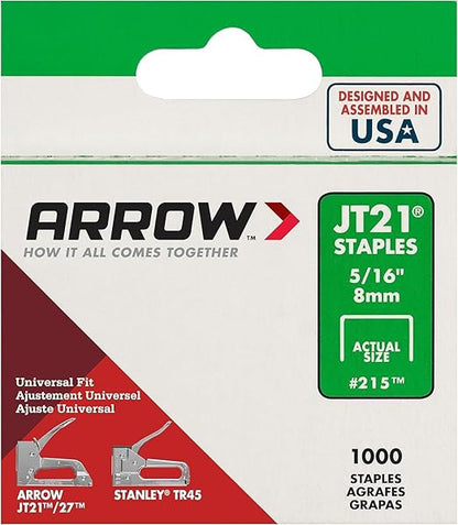 Arrow 215 JT21 Thin Wire Staples for Staple Guns and Staplers, Use for Upholstery, Crafts, General Repairs, 5/16-Inch Leg Length, 7/16-Inch Crown Width, 1000-Pack, Made in the USA