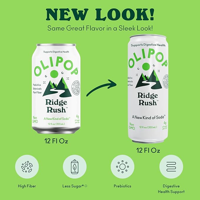 OLIPOP Sparkling Prebiotic Soda, Ridge Rush, Pantry Pack Packed with Prebiotics, Fiber, and Botanicals, Gluten Free, Vegan, GMO Free, 12oz Skinny Can (12 Pack)