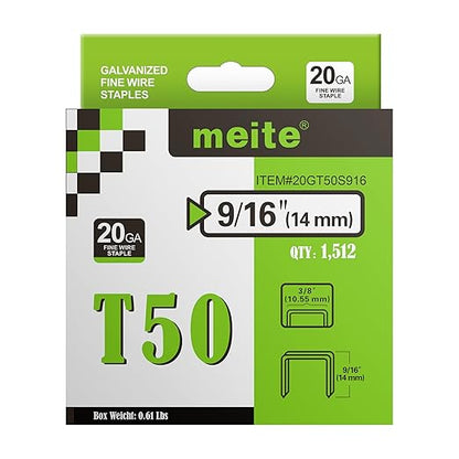 meite Staple Gun Staples, 9/16 Inch Length Heavy Duty T50 Staples, Galvanized, 20 Gauge 3/8 Inch Crown, Compatible with T50 Staple Gun, Ideal for Upholstery, Construction, Furniture (1,512 Counts)