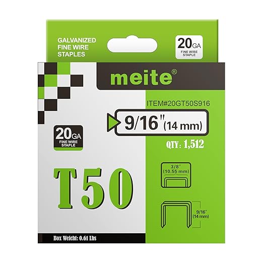 meite Staple Gun Staples, 9/16 Inch Length Heavy Duty T50 Staples, Galvanized, 20 Gauge 3/8 Inch Crown, Compatible with T50 Staple Gun, Ideal for Upholstery, Construction, Furniture (1,512 Counts)