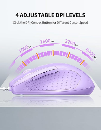 TECKNET Wired Mouse, 6-Button Corded with 4 Adjustable DPI, Optical Ergonomic Design, 5FT Cord for Laptop, Chromebook, PC, Desktop, Mac, Notebook - LT.Purple