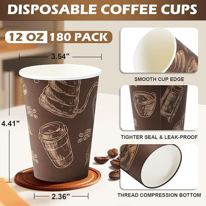 Coffee Cups 12 oz Paper Cups 180 Pack, Thickened Paper Coffee Cups Disposable 12 oz Coffe Cup, Hot/Cold Beverage Drinking Cup for Office, Home, Party
