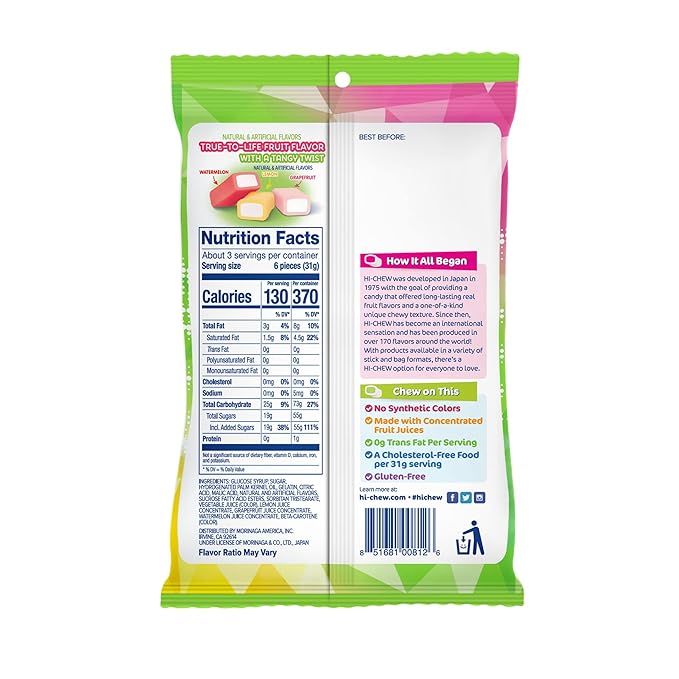 HI-CHEW Sweet & Sour Mix, Pack of 6 Bags, 3.17oz each - Watermelon Lemon Grapefruit | Unique Fun Soft & Chewy Candy, Immensely Juicy Fruity Candy Flavors, Individually Wrapped for Sharing