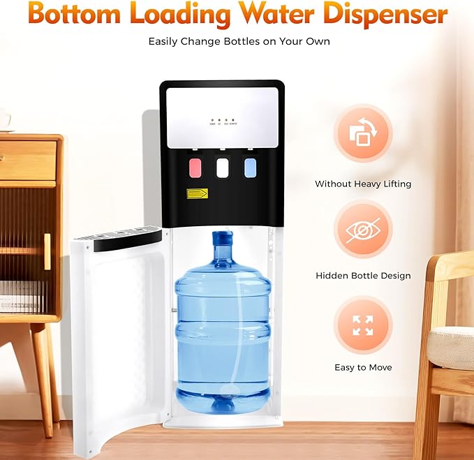 Bottom Loading Water Cooler, Standing Water Dispenser with 3 Temperature Settings - Hot, Cold & Room Water, Hot Cold Water Dispenser for Homes, Kitchens, Offices, Dorms (White)
