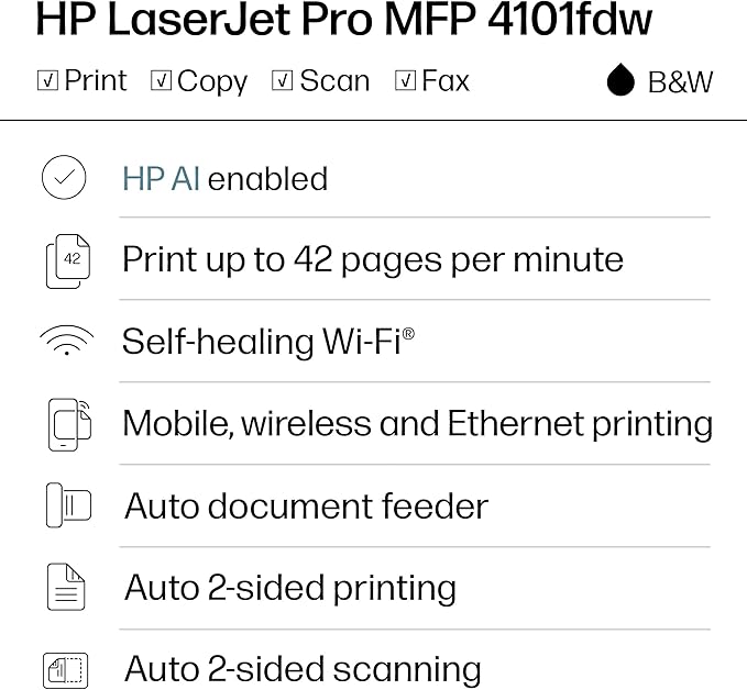HP LaserJet Pro MFP 4101fdw Wireless Black & White All-in-One Laser Printer, Scanner, Copier, Fax, Best-for-Office (2Z619F)