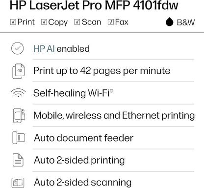 HP LaserJet Pro MFP 4101fdw Wireless Black & White All-in-One Laser Printer, Scanner, Copier, Fax, Best-for-Office (2Z619F)
