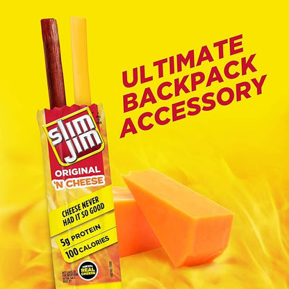 Slim Jim Beef 'N Cheese Smoked Meat Sticks, Original Flavor, 5g Protein Per Serving, Snack Size, Stocking Stuffer, 0.9 oz. (10 Count)