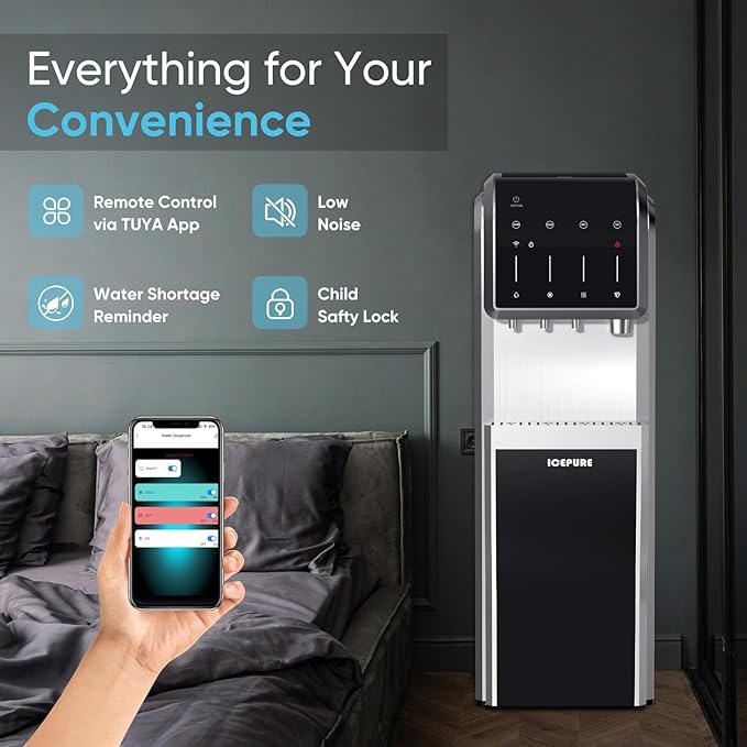 ICEPURE 5-in-1 Water Cooler with Ice Maker, Bottom Load for 5 Gallon Bottle, WIFI, Bullet and Crushed/Chewable Ice, 35lbs/24H, Hot and Cold Water, Water Dispenser Built-in Ice Machine, Stainless Steel