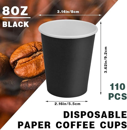 Paper Cups 8 oz 110 Pack, Disposable Paper Coffee Cups, Halloween Disposable Cups for Hot or Cold Beverage Drinking for Halloween, Party, Picnic, BBQ, Travel, and Event -Black