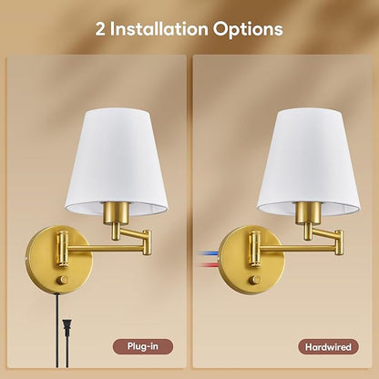 VONLUCE Swing Arm Wall Lamp, Plug in & Hardwired Wall Sconce, Adjustable Wall Mounted Lighting Fixture, Modern Wall Light with Golden Base White Fabric Shade for Bedside, Hallway, Reading