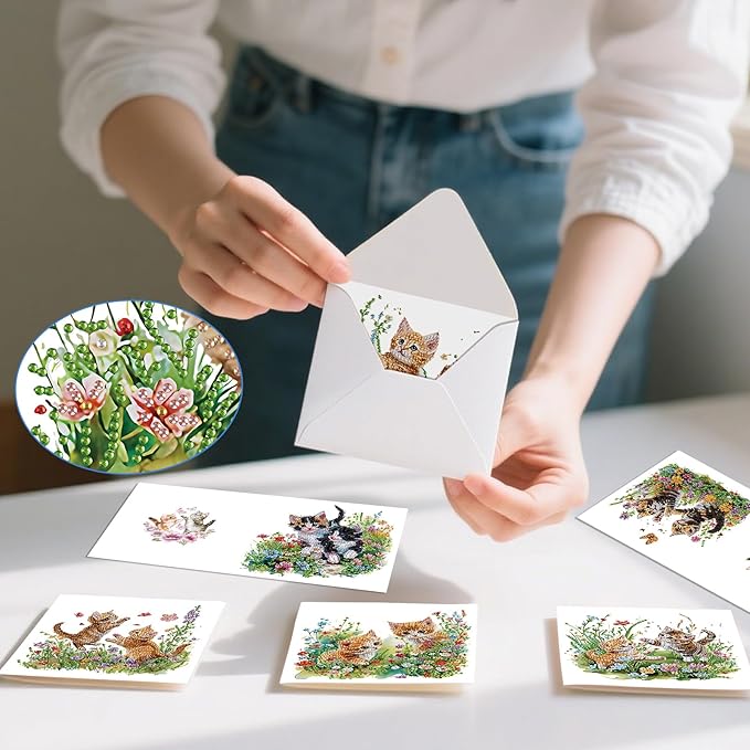 jinglinhh 12pcs Sphynx Cat Diamond Art Painting Kitten in the Flower Garden Greeting Cards with Envelopes, DIY Card Making Kits for Adults, Diamond Art Christmas Birthday Holiday cards Craft Gifts